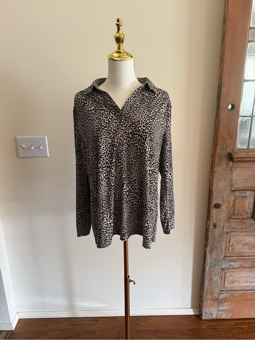 Anne Klein Leopard Print Button-Down Top - Taupe and Black